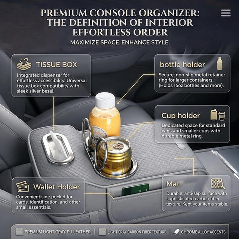 Car Armrest Heightening Pad with Cup Holder & Tissue Box – PU Leather Center Console Organizer