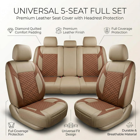 Premium 5Pcs PU Leather Car Seat Cover Full Set (Sedan Car), Universal Fit Auto Seat Covers, Luxury Interior Protector