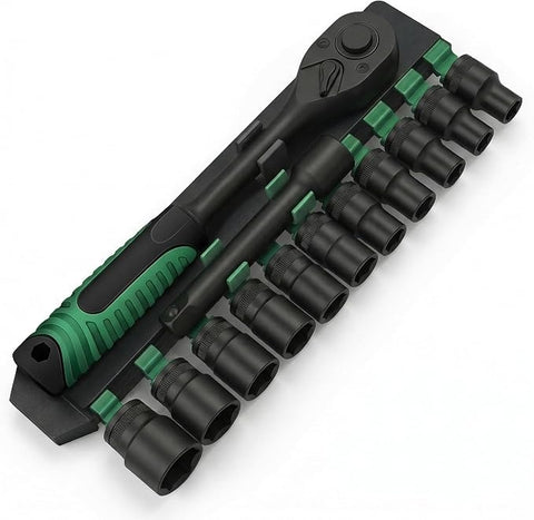 12Pcs Socket Wrench Set with Ratchet Handle – Steel Socket Tool Kit with Extension Bars, Universal Joint & Metal Storage Case (Black)