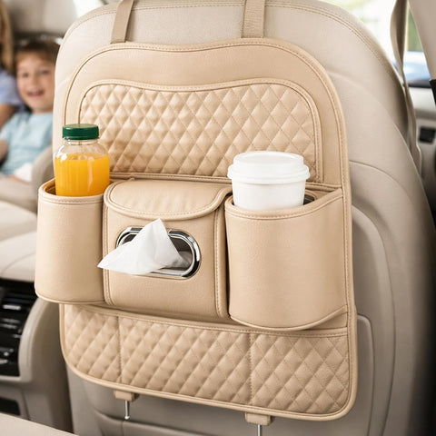 Car Back Seat Organizer with Tissue Box Holder & Cup Holders – PU Leather