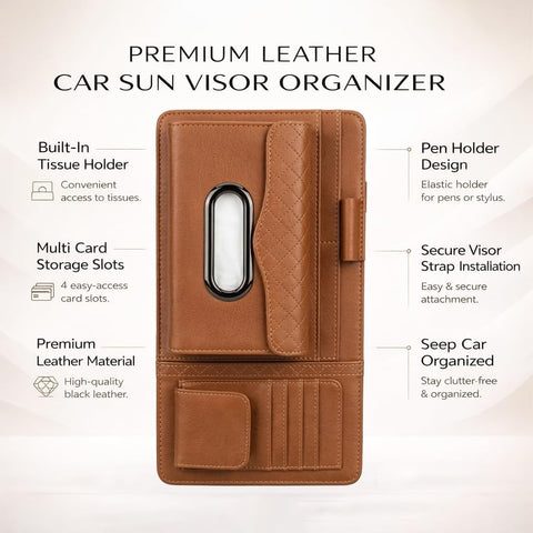 Car Sun Visor Tissue Holder Organizer with Card Slots & Pen Holder – PU Leather