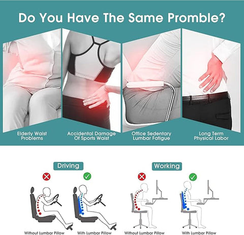Lumbar Support Pillow for Car Seat & Office Chair – Memory Foam Back Cushion for Lower Back Pain Relief