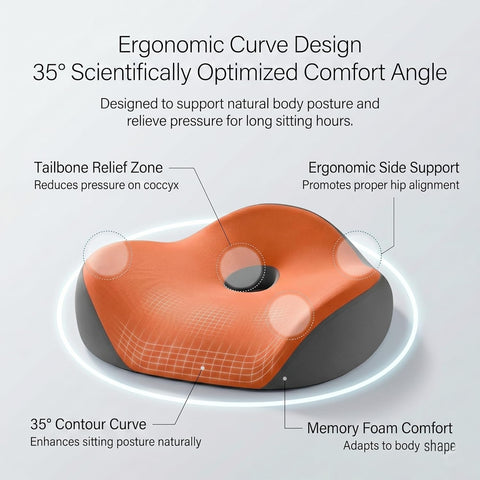 Orthopedic Memory Foam Seat Cushion (45x42x13CM) for Tailbone Pain Relief, Ergonomic Coccyx Cushion for Office Chair Car Seat