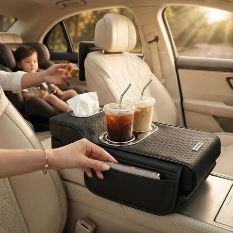Car Armrest Heightening Pad with Cup Holder & Tissue Box – PU Leather Center Console Organizer