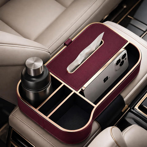 Car Armrest Box Storage Booster Pad – Multifunctional Console Organizer with Cup Holder, Tissue Box & Phone Slot |