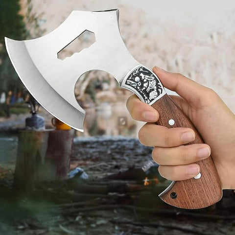 Compact Hand Axe with Wooden Handle – Camping Hatchet Chopping Axe with Leather Sheath for Wood Splitting, Survival Tactical Axe, Outdoor Bushcraft (Hunter Grip Axe)