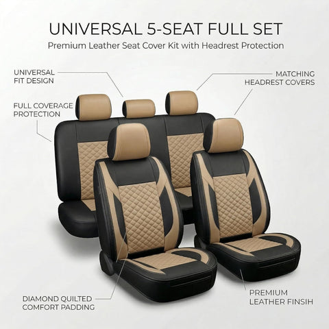 Premium 5Pcs PU Leather Car Seat Cover Full Set (Sedan Car), Universal Fit Auto Seat Covers, Luxury Interior Protector