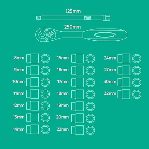 Socket Wrench Set with Ratchet Handle – Steel Socket Tool Kit with Extension Bars, Universal Joint & Metal Storage Case (20Pcs)