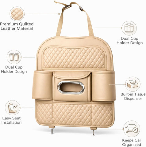 Car Back Seat Organizer with Tissue Box Holder & Cup Holders – PU Leather