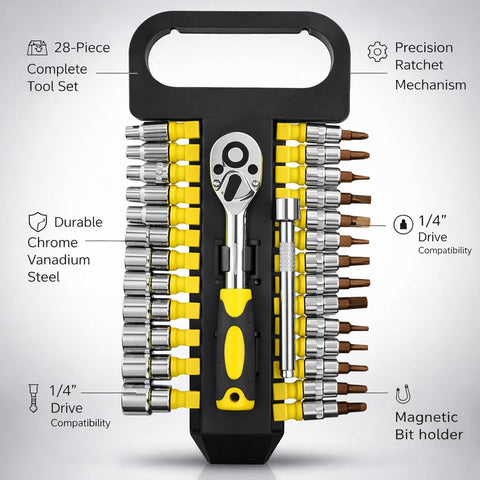 28Pcs Socket Wrench Set with Ratchet Handle – Steel Socket Tool Kit with Extension Bars, Universal Joint & Metal Storage Case