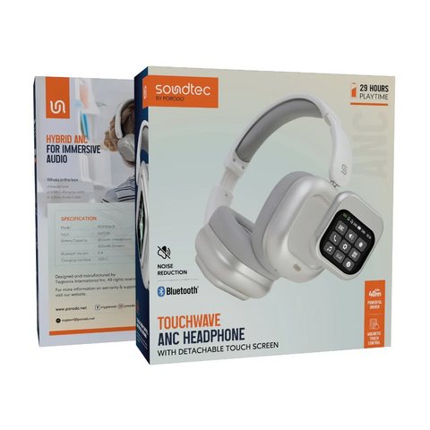 Porodo Soundtec 300Mah Anc Headphone With Removable Magnetic Touch Screen - White