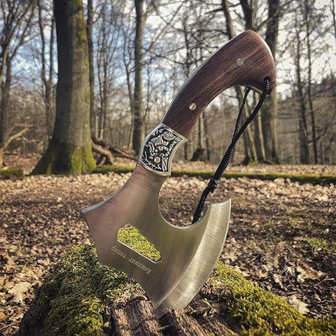 Compact Hand Axe with Wooden Handle – Camping Hatchet Chopping Axe with Leather Sheath for Wood Splitting, Survival Tactical Axe, Outdoor Bushcraft (Hunter Grip Axe)