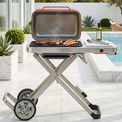 Portable BBQ Gas Grill with Foldable Stand & Wheels, Stainless Steel Charcoal Grill