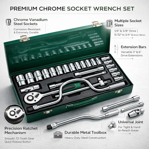 24Pcs Socket Wrench Set with Ratchet Handle – Steel Socket Tool Kit with Extension Bars, Universal Joint & Metal Storage Case