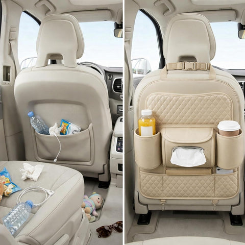 Car Back Seat Organizer with Tissue Box Holder & Cup Holders – PU Leather