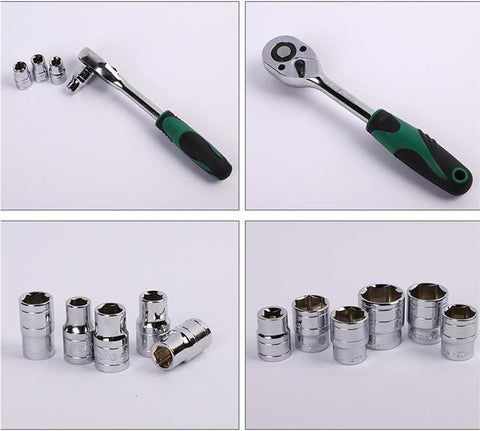 24Pcs Socket Wrench Set with Ratchet Handle – Steel Socket Tool Kit with Extension Bars, Universal Joint & Metal Storage Case