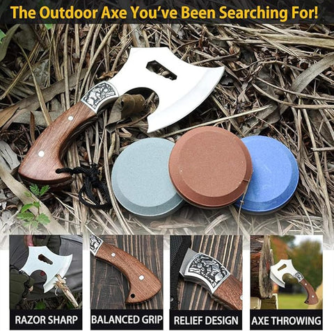 Compact Hand Axe with Wooden Handle – Camping Hatchet Chopping Axe with Leather Sheath for Wood Splitting, Survival Tactical Axe, Outdoor Bushcraft (Hunter Grip Axe)