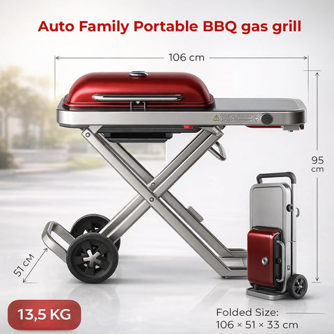 Portable BBQ Gas Grill with Foldable Stand & Wheels, Stainless Steel Charcoal Grill