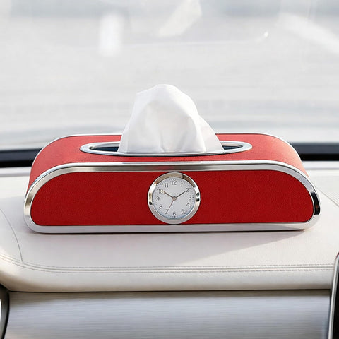Car Tissue Box Holder with Clock – PU Leather Dashboard Tissue Dispenser