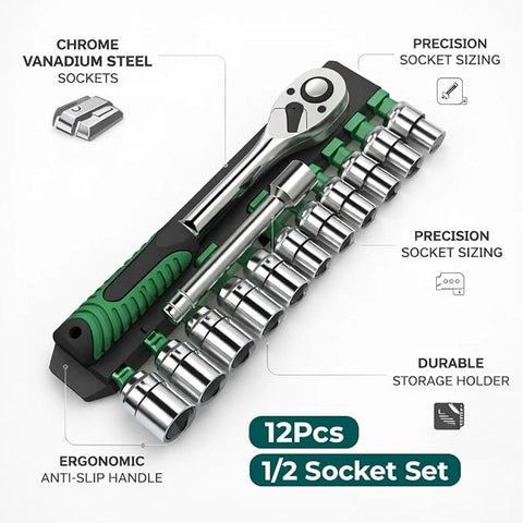 12Pcs Socket Wrench Set with Ratchet Handle – Steel Socket Tool Kit with Extension Bars, Universal Joint & Metal Storage Case (Grey)