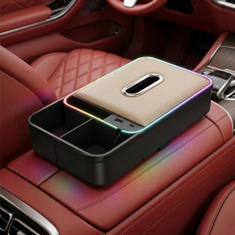 8-in-1 Car Armrest Storage Box with LED Light, Dual USB Charging Ports