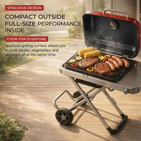 Portable BBQ Gas Grill with Foldable Stand & Wheels, Stainless Steel Charcoal Grill