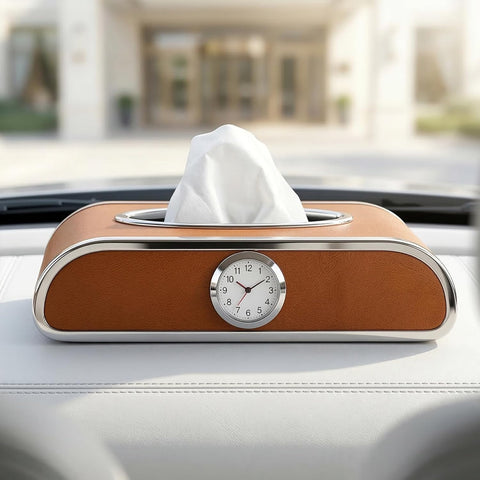 Car Tissue Box Holder with Clock – PU Leather Dashboard Tissue Dispenser