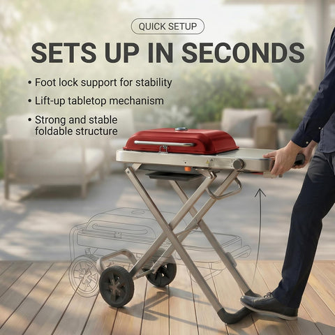 Portable BBQ Gas Grill with Foldable Stand & Wheels, Stainless Steel Charcoal Grill