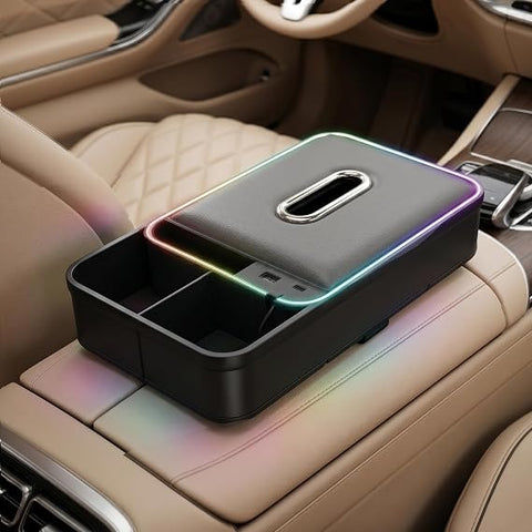 8-in-1 Car Armrest Storage Box with LED Light, Dual USB Charging Ports
