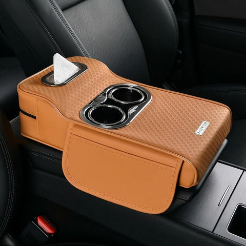 Car Armrest Heightening Pad with Cup Holder & Tissue Box – PU Leather Center Console Organizer