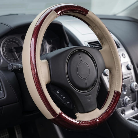 Luxury Wood Grain & Leather Steering Wheel Cover 15 Inch (37–38 cm) – Universal Fit