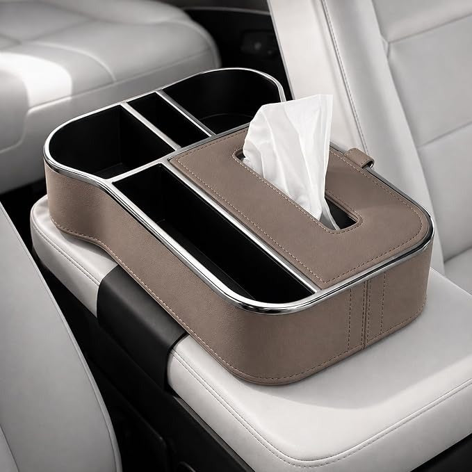 Car Armrest Box Storage Booster Pad – Multifunctional Console Organizer with Cup Holder, Tissue Box & Phone Slot |