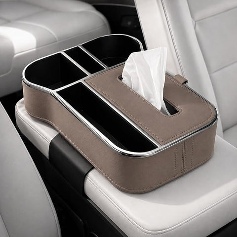 Car Armrest Box Storage Booster Pad – Multifunctional Console Organizer with Cup Holder, Tissue Box & Phone Slot |