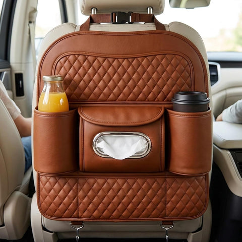 Car Back Seat Organizer with Tissue Box Holder & Cup Holders – PU Leather