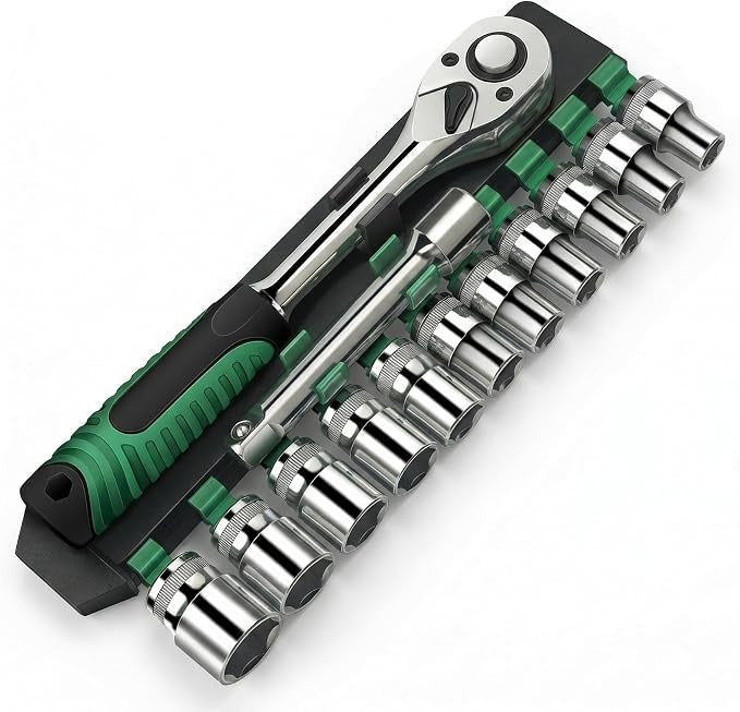 12Pcs Socket Wrench Set with Ratchet Handle – Steel Socket Tool Kit with Extension Bars, Universal Joint & Metal Storage Case (Grey)