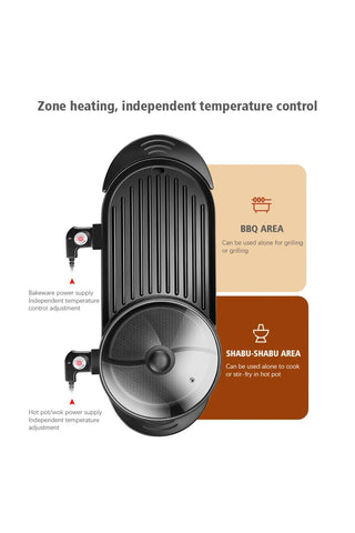 RAF 2-in-1 Electric Hot Pot and Grill, Korean BBQ Style, 1800W Non-stick Rectangular Pan, 25x25cm