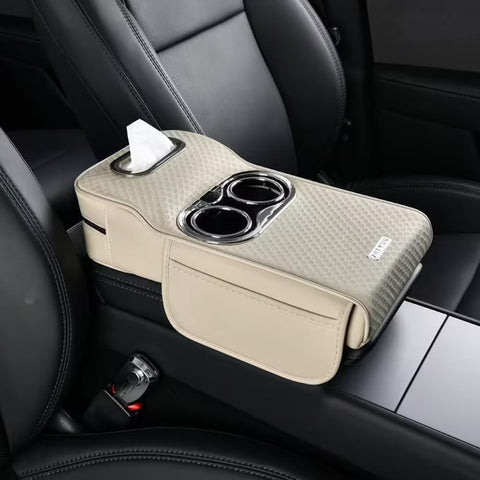 Car Armrest Heightening Pad with Cup Holder & Tissue Box – PU Leather Center Console Organizer