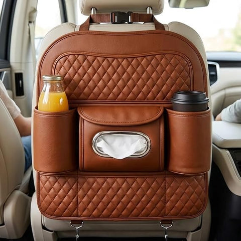 Car Back Seat Organizer with Tissue Box Holder & Cup Holders – PU Leather