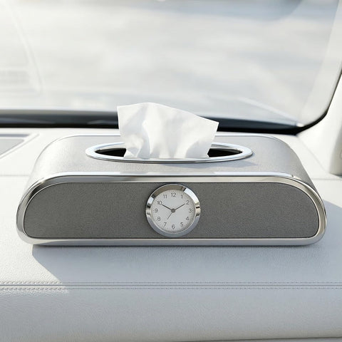 Car Tissue Box Holder with Clock – PU Leather Dashboard Tissue Dispenser