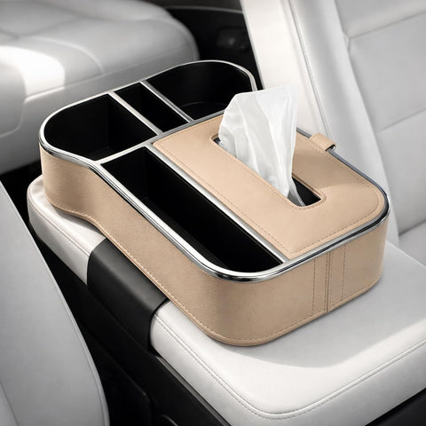 Car Armrest Box Storage Booster Pad – Multifunctional Console Organizer with Cup Holder, Tissue Box & Phone Slot |
