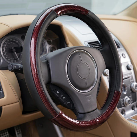 Luxury Wood Grain & Leather Steering Wheel Cover 15 Inch (37–38 cm) – Universal Fit