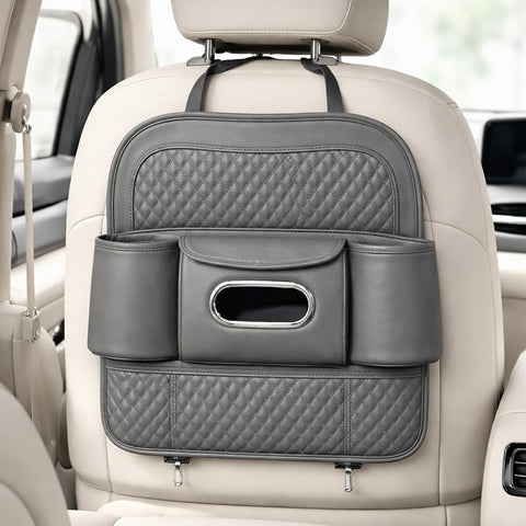 Car Back Seat Organizer with Tissue Box Holder & Cup Holders – PU Leather