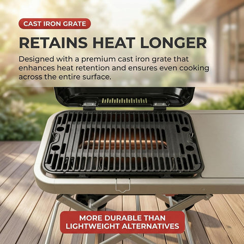Portable BBQ Gas Grill with Foldable Stand & Wheels, Stainless Steel Charcoal Grill