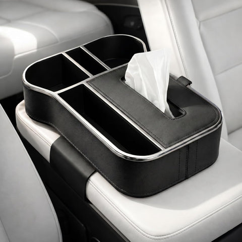 Car Armrest Box Storage Booster Pad – Multifunctional Console Organizer with Cup Holder, Tissue Box & Phone Slot |