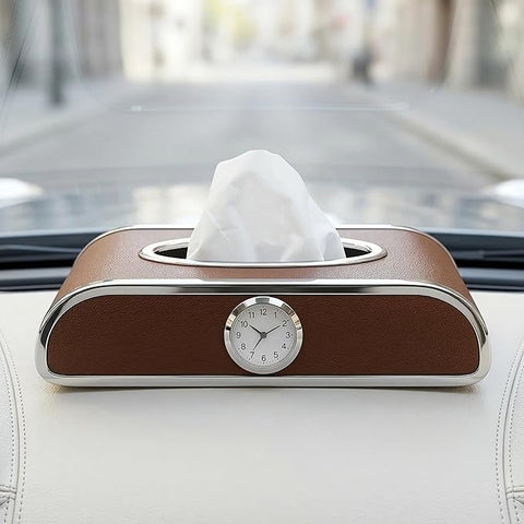 Car Tissue Box Holder with Clock – PU Leather Dashboard Tissue Dispenser