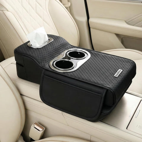 Car Armrest Heightening Pad with Cup Holder & Tissue Box – PU Leather Center Console Organizer