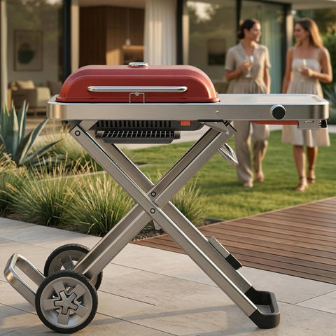 Portable BBQ Gas Grill with Foldable Stand & Wheels, Stainless Steel Charcoal Grill