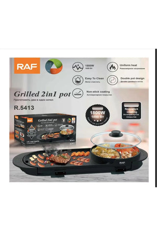 RAF 2-in-1 Electric Hot Pot and Grill, Korean BBQ Style, 1800W Non-stick Rectangular Pan, 25x25cm