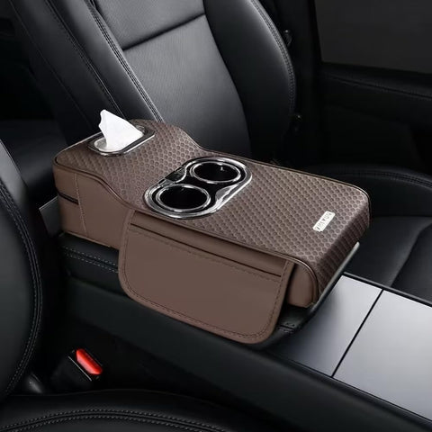 Car Armrest Heightening Pad with Cup Holder & Tissue Box – PU Leather Center Console Organizer