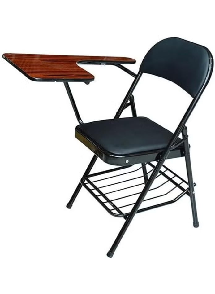 Black Metal Study Chair with Dark Brown Writing Pad, Foldable Chair with Padded Cushion Seat for Study, Classroom